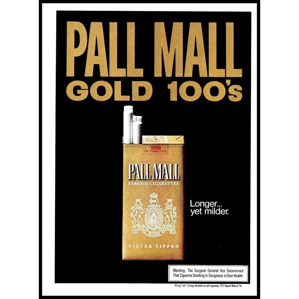 1974 Pall Mall Gold 100s Cigarettes Vintage Print Ad Minimalist 70s Wall Art